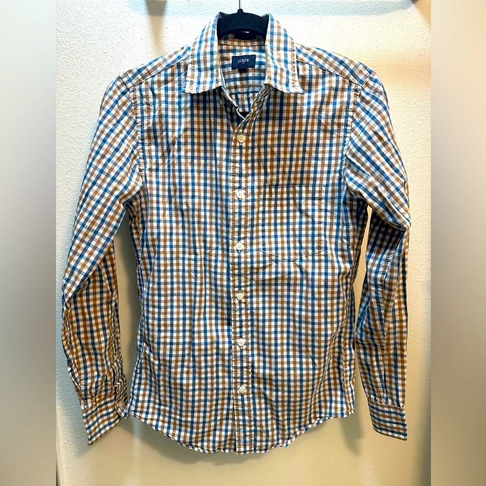 J Crew long sleeve button down - brown, white, and blue plaid pattern. Slim fit